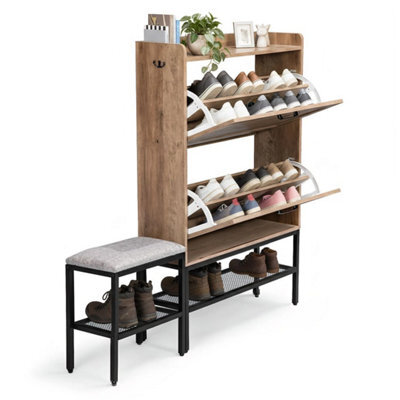 Barn Door Shoe Cabinet Bench Rack W/ 2Flip Down Compartments W/ Soft Pads Seat - image 1