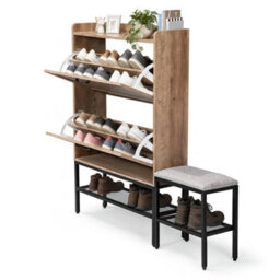 Barn Door Shoe Cabinet Bench Rack W/ 2Flip Down Compartments W/ Soft Pads Seat - thumbnail 4