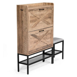 Barn Door Shoe Cabinet Bench Rack W/ 2Flip Down Compartments W/ Soft Pads Seat - thumbnail 2