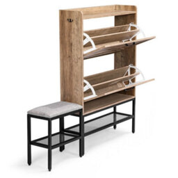 Barn Door Shoe Cabinet Bench Rack W/ 2Flip Down Compartments W/ Soft Pads Seat - thumbnail 5