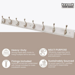 Keypak 8 Hook Wall Mounted Coat Rack Satin Nickel Double Hooks  84Cm White Board Ideal For Bedrooms, Hallways & Office - thumbnail 3