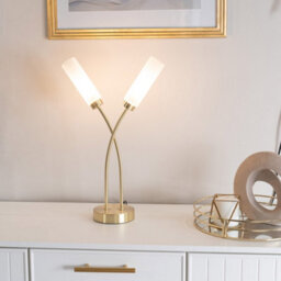 Valuelights Maya 2 Way Curved Arm Cross Over Brushed Gold Table Lamp For Living Room Hallway Bedside Light - Led Bulbs Included - thumbnail 1