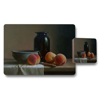 Benjamin Tate Design Peaches Still Life Placemats And Coaster Set With Ceramic Bowl - image 1
