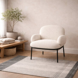 Wyld Haus Tritta Curved Ivory Sherpa Boucle Chair With Black Metal Legs