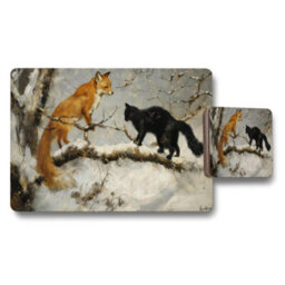 Benjamin Tate Design Fine Art Placemat And Coaster Set With Wood Base Exclusive Fox And Black Cat Print - thumbnail 1