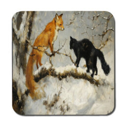 Benjamin Tate Design Fine Art Placemat And Coaster Set With Wood Base Exclusive Fox And Black Cat Print - thumbnail 3