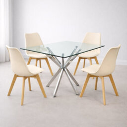Kosy Koala Modern Rectangle Glass Dining Table Set With 4 Cream Plastic Chairs Dining Room Furniture - thumbnail 2