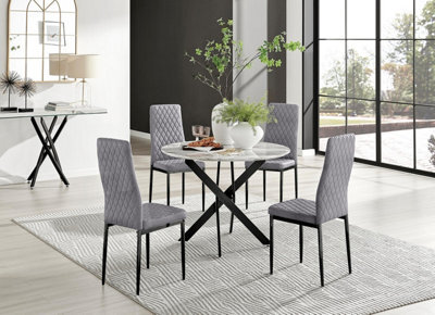 Furniturebox Uk Novara White Marble Black Leg Round Dining Table & 4 Grey Velvet Milan Black Leg Chairs - image 1