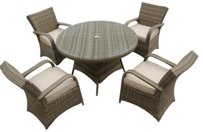 Furniture One Rattan Effect Natural Round 4 Seater Dining Set Table & Chair Set No Assembly & Aluminium Frame