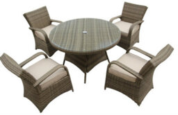 Furniture One Rattan Effect Natural Round 4 Seater Dining Set Table & Chair Set No Assembly & Aluminium Frame