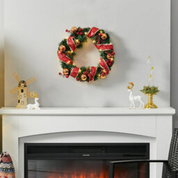 Living And Home 30Cm Red Ribbon Led Lighted Christmas Wreath Hanging Xmas Decor With Christmas Ball Pine Cone - thumbnail 3