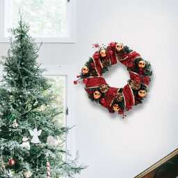 Living And Home 30Cm Red Ribbon Led Lighted Christmas Wreath Hanging Xmas Decor With Christmas Ball Pine Cone