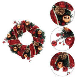 Living And Home 30Cm Red Ribbon Led Lighted Christmas Wreath Hanging Xmas Decor With Christmas Ball Pine Cone - thumbnail 4