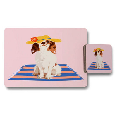 Benjamin Tate Design Designer Placemat And Coaster Set With Wood Backing And Pink Dog Artwork, Limited Edition - image 1