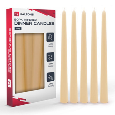 Haltons 50 Pack Tapered Dinner Candles  Unscented Long Candlesticks, 7 Hour Burn Time  Clean Burning (Ivory) - image 1