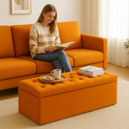 137Cm Chesterfield Ottoman Storage Box- Plush Velvet Shoe Bench - Burnt Orange Chesterfield Upholstered Blanket Box - thumbnail 3