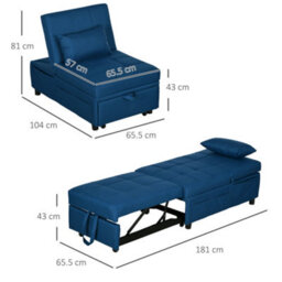 Wyld Haus Leve Blue 4-In-1 Convertible Chair Bed With Adjustable Back, Side Pockets, Wheels And Pillow - thumbnail 3