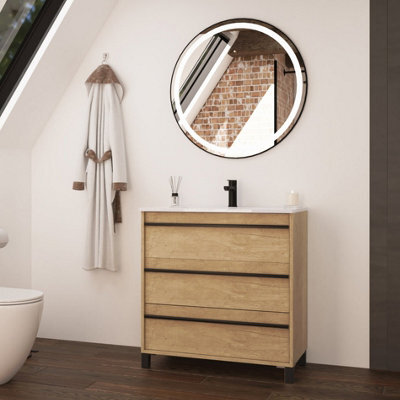 Banyetti Mattila Noir 800mm Floorstanding Vanity Unit With Matt Black Handles - Rustic Oak - image 1