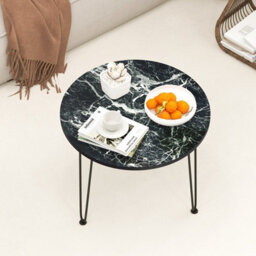 Gainoom Black Round Coffee Table Small Faux Marble Accent Table W/ Thickened Tabletop & Metal Tripod Legs - thumbnail 4