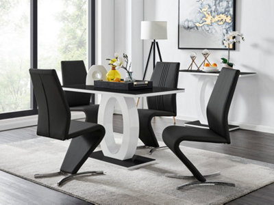 Furniturebox Giovani Rectangular 4 Seat White High Gloss Unique Halo Structural Dining Table Black Glass Top 4 Black Faux Leather Willow Chairs - image 1