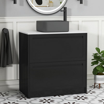 Royal Bathrooms Royal Bathroom Elmore 800mm Nocturne Black Freestanding Bathroom Vanity Unit 2 Drawer Plain White Worktop With Art Square Basin - image 1