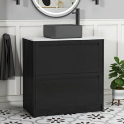 Royal Bathrooms Royal Bathroom Elmore 800mm Nocturne Black Freestanding Bathroom Vanity Unit 2 Drawer Plain White Worktop With Art Square Basin - thumbnail 1