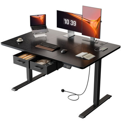 Electric Standing Desk With Power Outlets, 120 X 80 Cm Sit Stand Desk With 2 Drawers, Usb Ports, Height Adjustable, Black - image 1