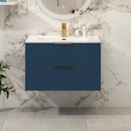 Royal Bathrooms Evora 800mm Midnight Blue Fluted Wall Hung Bathroom Vanity Unit 2 Drawer Cabinet With Ceramic Basin & Brushed Brass Handles