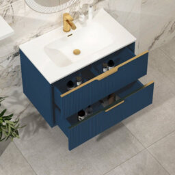 Royal Bathrooms Evora 800mm Midnight Blue Fluted Wall Hung Bathroom Vanity Unit 2 Drawer Cabinet With Ceramic Basin & Brushed Brass Handles - thumbnail 5