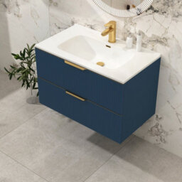 Royal Bathrooms Evora 800mm Midnight Blue Fluted Wall Hung Bathroom Vanity Unit 2 Drawer Cabinet With Ceramic Basin & Brushed Brass Handles - thumbnail 6
