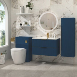 Royal Bathrooms Evora 800mm Midnight Blue Fluted Wall Hung Bathroom Vanity Unit 2 Drawer Cabinet With Ceramic Basin & Brushed Brass Handles - thumbnail 4