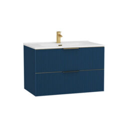 Royal Bathrooms Evora 800mm Midnight Blue Fluted Wall Hung Bathroom Vanity Unit 2 Drawer Cabinet With Ceramic Basin & Brushed Brass Handles - thumbnail 7