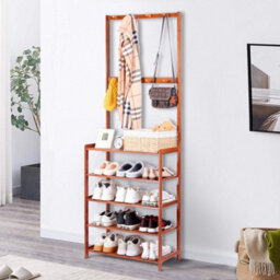 Bamboo Hall Tree Hat And Coat Stand Hallway Shoe Rack Bench With Shelves Hooks - thumbnail 5