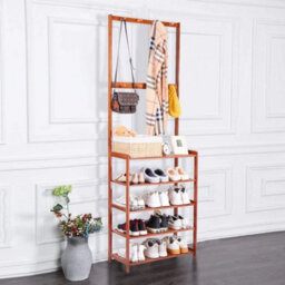 Bamboo Hall Tree Hat And Coat Stand Hallway Shoe Rack Bench With Shelves Hooks - thumbnail 4