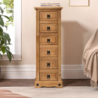 Narrow Solid Pine 6 Drawer Chest Mexican Rustic Bedside Storage Cabinet - image 1