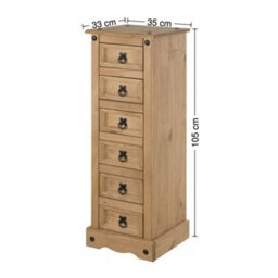 Narrow Solid Pine 6 Drawer Chest Mexican Rustic Bedside Storage Cabinet - thumbnail 2