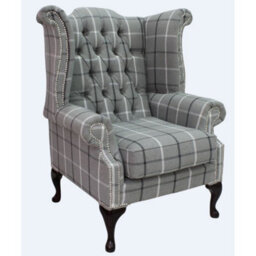 Chesterfield High Back Wing Chair Piazza Square Check Slate Fabric In Queen Anne Style - thumbnail 1
