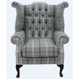 Chesterfield High Back Wing Chair Piazza Square Check Slate Fabric In Queen Anne Style - thumbnail 3