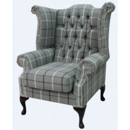 Chesterfield High Back Wing Chair Piazza Square Check Slate Fabric In Queen Anne Style - thumbnail 2