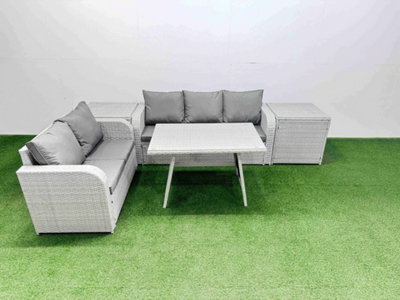Fimous Outdoor Pe Rattan Garden Furniture Set Rectangular Dining Table Sofa Set With 2 Side Tables Light Grey - image 1