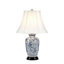 Elegant Blue And White Porcelain Table Lamp With Wooden Base And Led Bulb