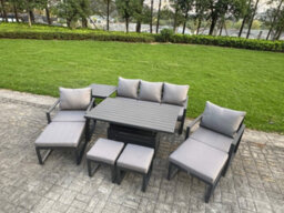 Fimous Aluminium Garden Furniture Sets 9 Seater With Adjustable Rising Lifting Dining Table 2 Chairs 4 Footstools Side Table - thumbnail 1