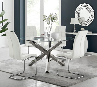 Furniturebox Uk Vogue Large Round Chrome Metal Clear Glass Dining Table And 4 White Dining Chairs Set - image 1