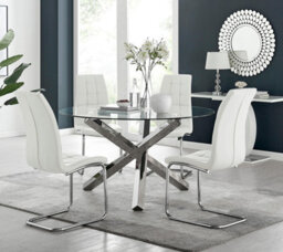 Furniturebox Uk Vogue Large Round Chrome Metal Clear Glass Dining Table And 4 White Dining Chairs Set - thumbnail 1