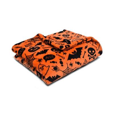 Bedlam Boo Halloween Plush Orange Fleece Throw - image 1