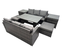 Fimous 8 Seat Outdoor Wicker Pe Rattan Garden Furniture Set Dining Table Sofa Set With 2 Big Stool 2 Side Tables Dark Grey Mixed - thumbnail 2