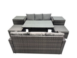 Fimous 8 Seat Outdoor Wicker Pe Rattan Garden Furniture Set Dining Table Sofa Set With 2 Big Stool 2 Side Tables Dark Grey Mixed - thumbnail 1