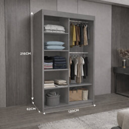 Ie Milan Sliding Mirror Door Wardrobe With Drawers & Shelves - Modern Bedroom Wardrobe, Grey,  (120 Cm X 216Cm ) - thumbnail 3