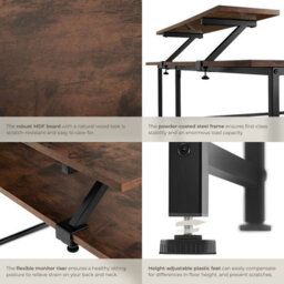 Tectake Desk Melrose - Corner Desk With A Movable Monitor Stand 130 Cm - Industrial Wood Dark, Rustic - thumbnail 4