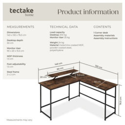 Tectake Desk Melrose - Corner Desk With A Movable Monitor Stand 130 Cm - Industrial Wood Dark, Rustic - thumbnail 6